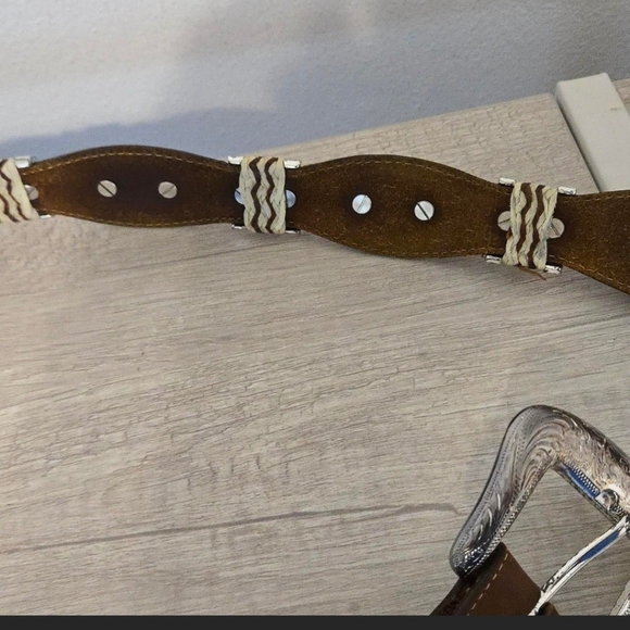 Vintage Tony Lama Mens Size 40 Brown Leather Belt Buckaroo Scallop Conchos Rawhi - Picture 6 of 8